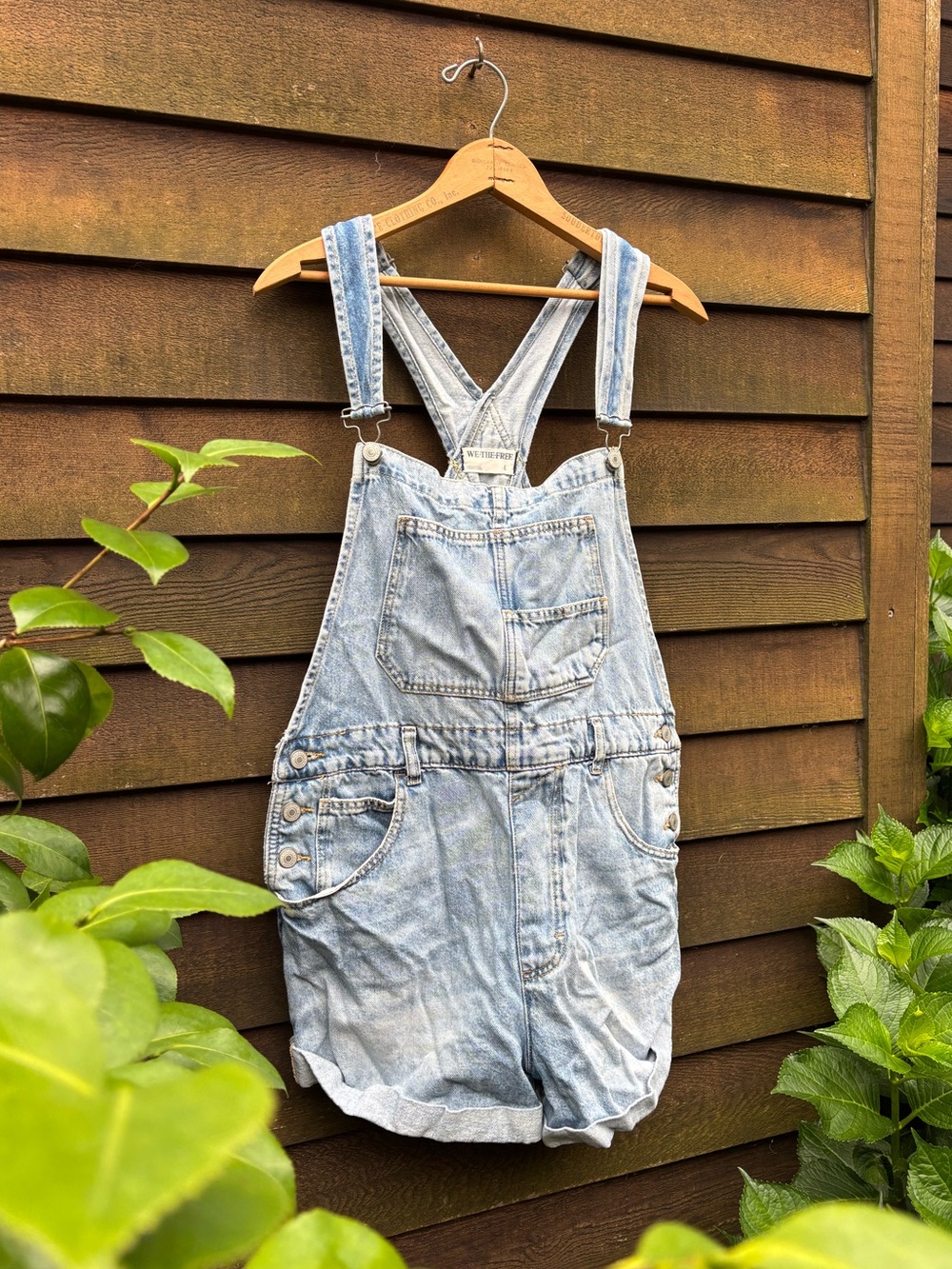 Free People Light Wash Denim Short Overalls